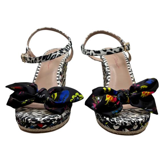 Betsey Johnson Wedge Espadrilles Rainbow Black Jute Bow & Ankle Strap - Picture 2 of 14